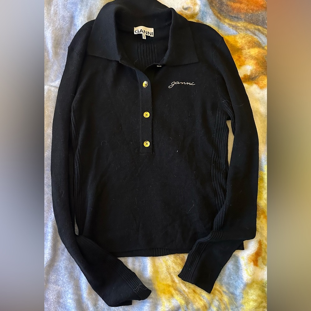Ganni Black Button-Down Shirt with Gold Accents